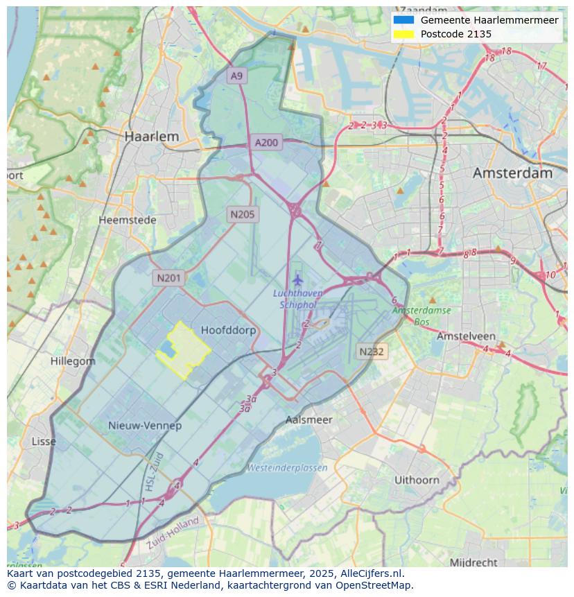 Afbeelding van het postcodegebied 2135 op de kaart.