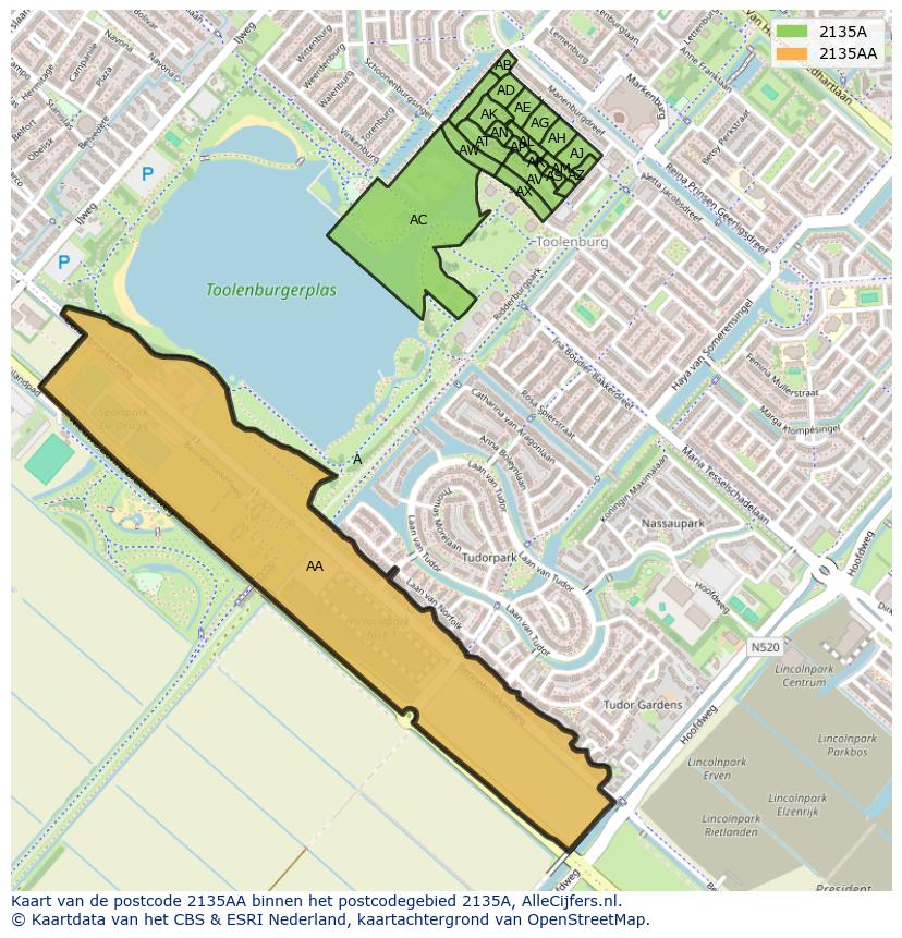 Afbeelding van het postcodegebied 2135 AA op de kaart.