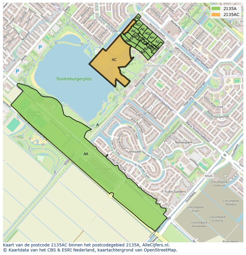 Afbeelding van het postcodegebied 2135 AC op de kaart.