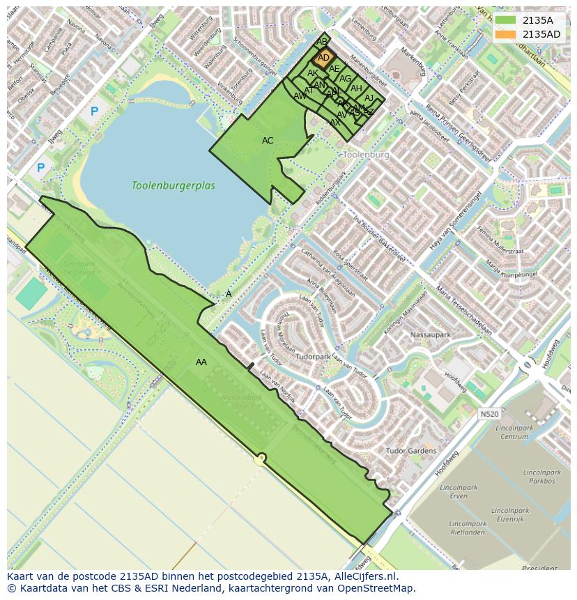 Afbeelding van het postcodegebied 2135 AD op de kaart.