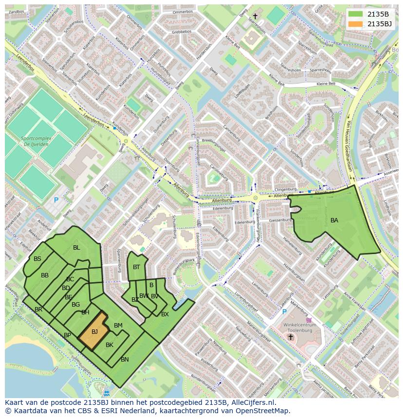 Afbeelding van het postcodegebied 2135 BJ op de kaart.