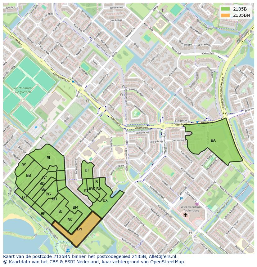 Afbeelding van het postcodegebied 2135 BN op de kaart.