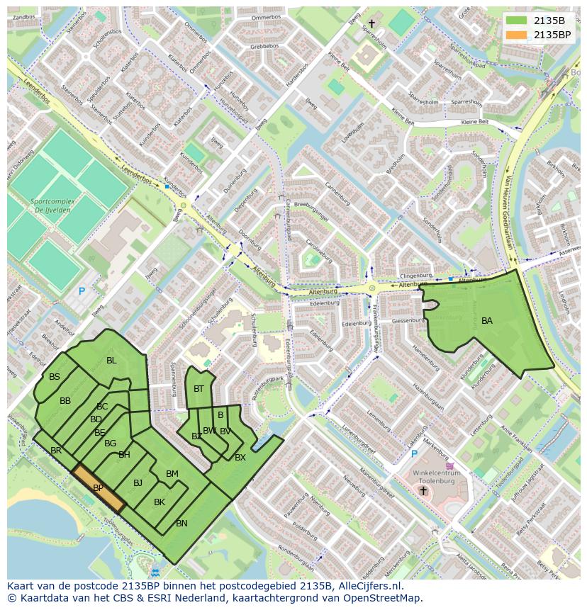 Afbeelding van het postcodegebied 2135 BP op de kaart.