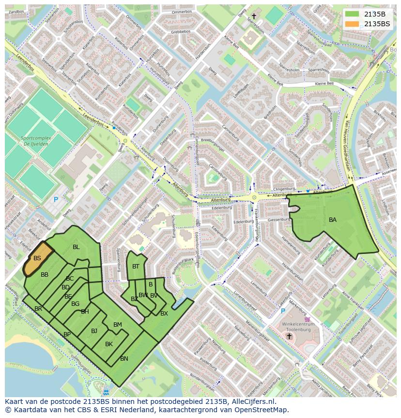 Afbeelding van het postcodegebied 2135 BS op de kaart.