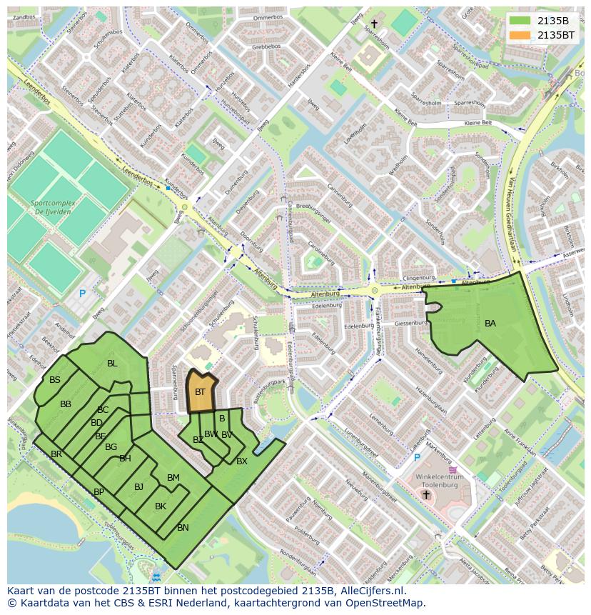 Afbeelding van het postcodegebied 2135 BT op de kaart.