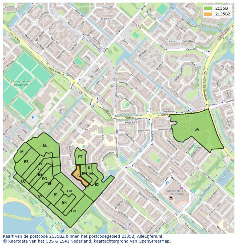 Afbeelding van het postcodegebied 2135 BZ op de kaart.