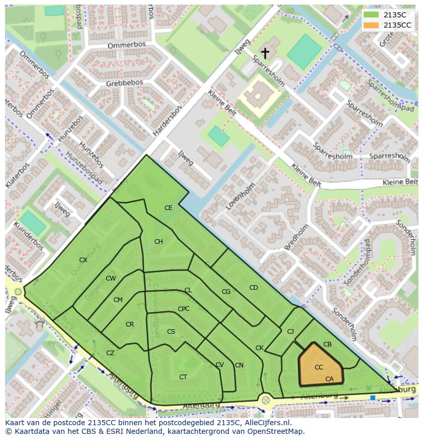 Afbeelding van het postcodegebied 2135 CC op de kaart.