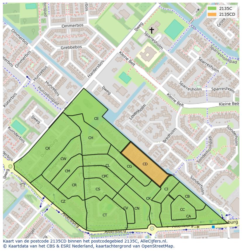Afbeelding van het postcodegebied 2135 CD op de kaart.