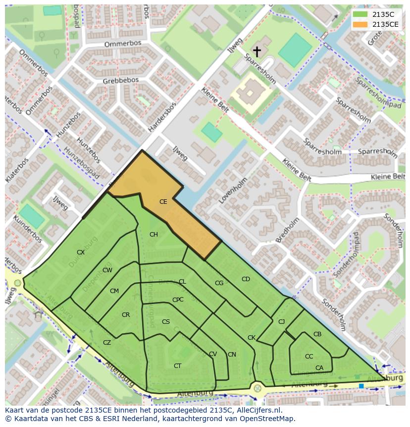 Afbeelding van het postcodegebied 2135 CE op de kaart.