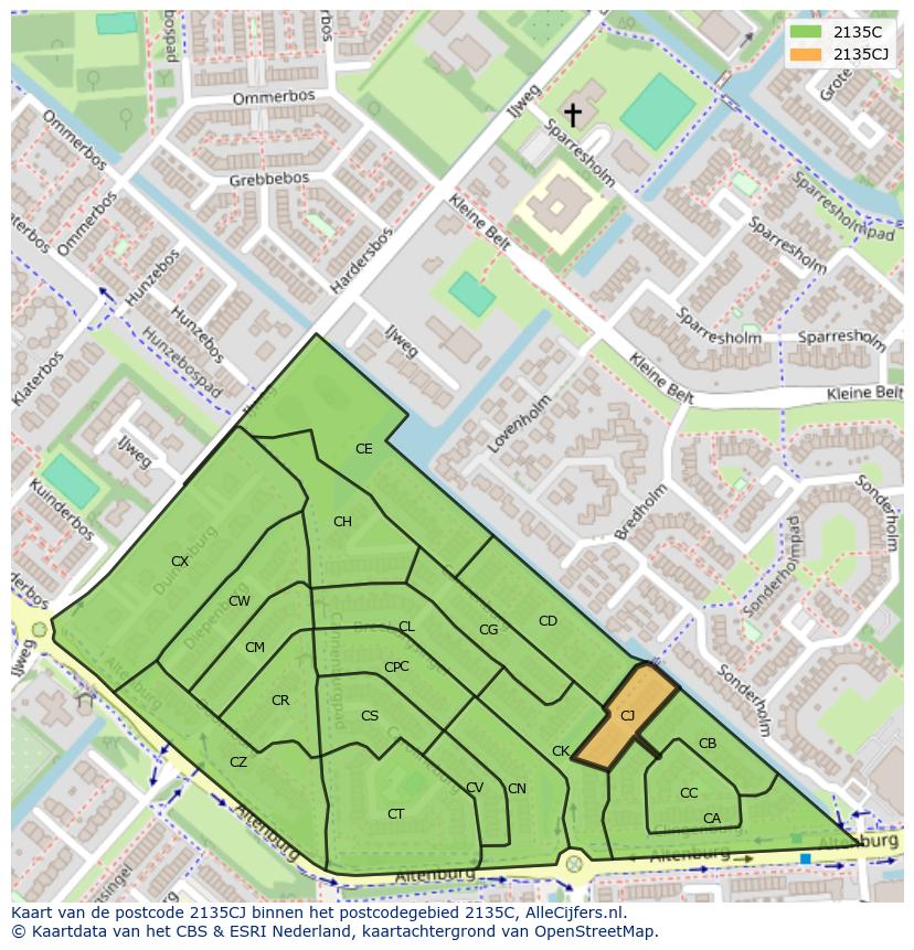 Afbeelding van het postcodegebied 2135 CJ op de kaart.
