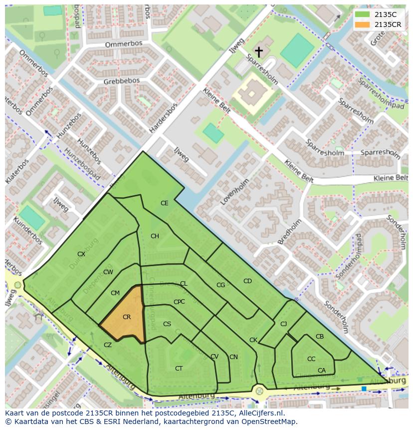 Afbeelding van het postcodegebied 2135 CR op de kaart.