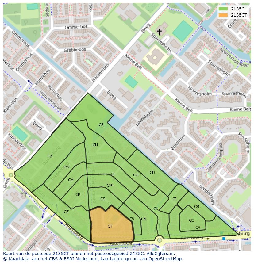 Afbeelding van het postcodegebied 2135 CT op de kaart.