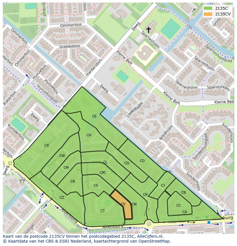 Afbeelding van het postcodegebied 2135 CV op de kaart.