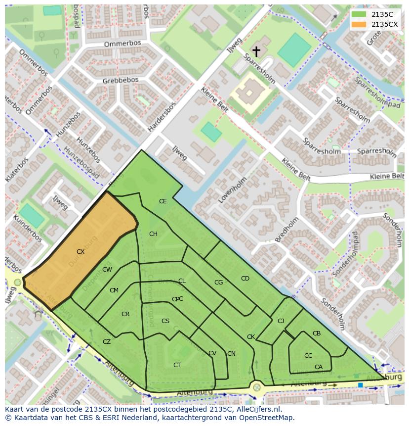 Afbeelding van het postcodegebied 2135 CX op de kaart.