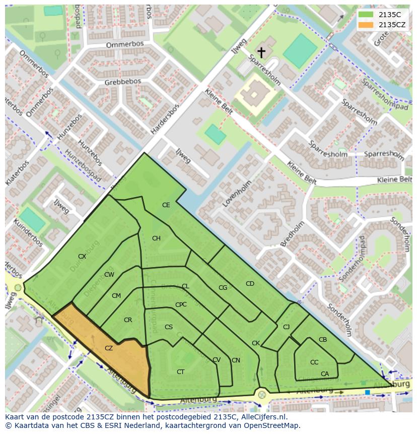 Afbeelding van het postcodegebied 2135 CZ op de kaart.