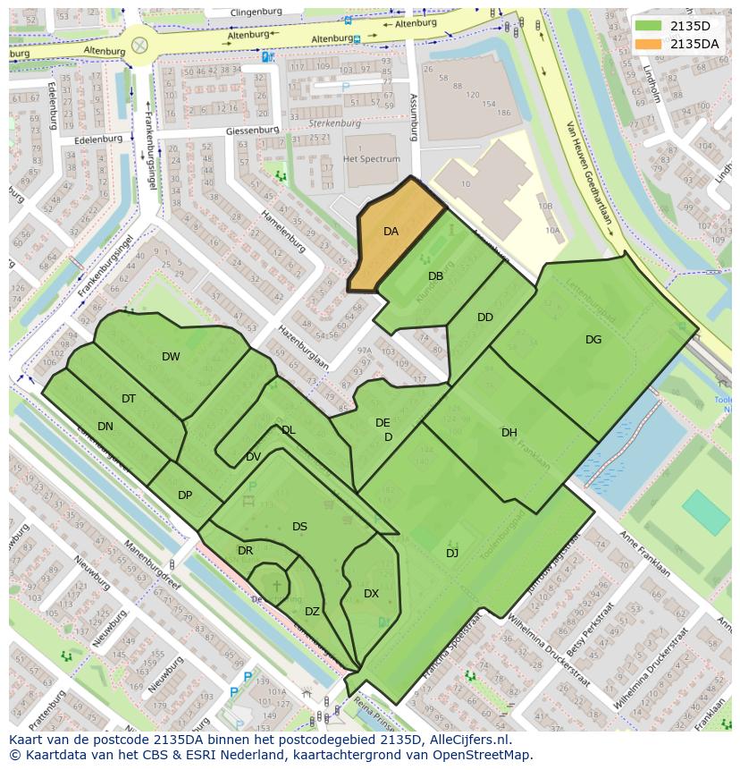 Afbeelding van het postcodegebied 2135 DA op de kaart.