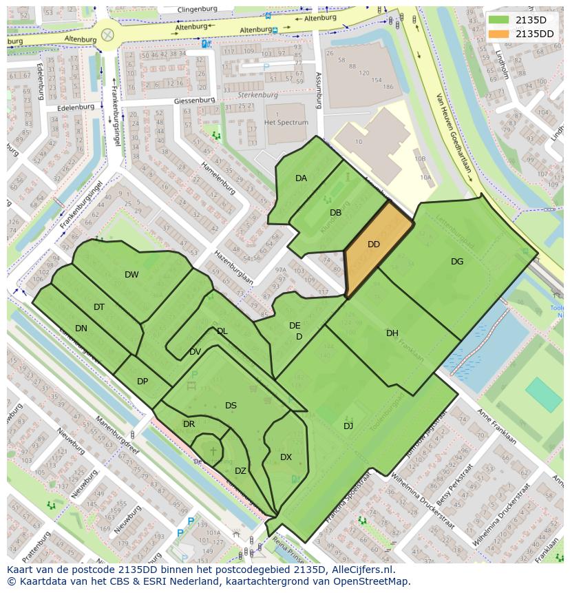 Afbeelding van het postcodegebied 2135 DD op de kaart.