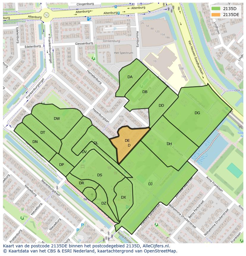 Afbeelding van het postcodegebied 2135 DE op de kaart.