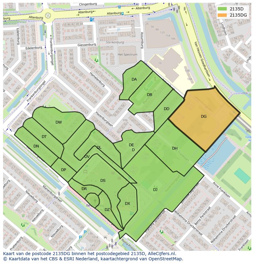 Afbeelding van het postcodegebied 2135 DG op de kaart.