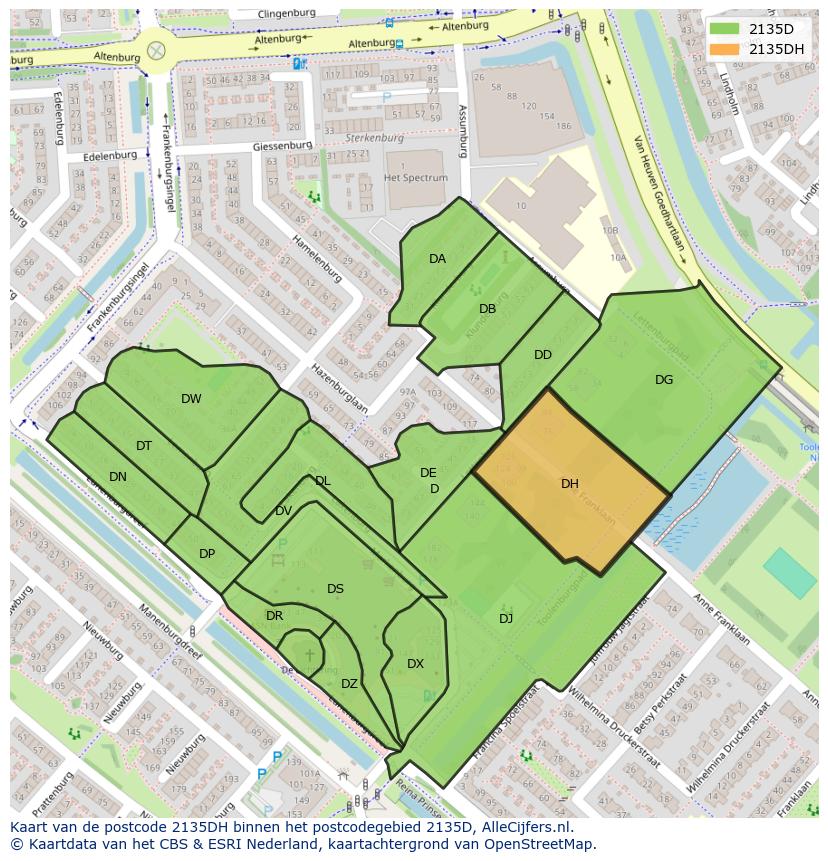 Afbeelding van het postcodegebied 2135 DH op de kaart.