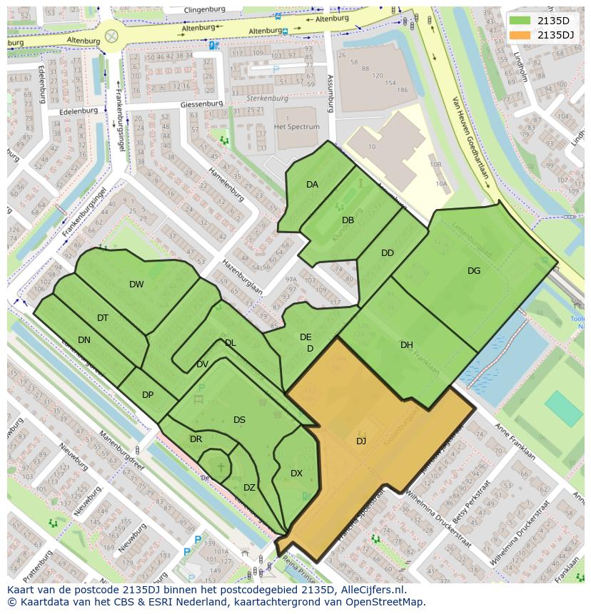 Afbeelding van het postcodegebied 2135 DJ op de kaart.