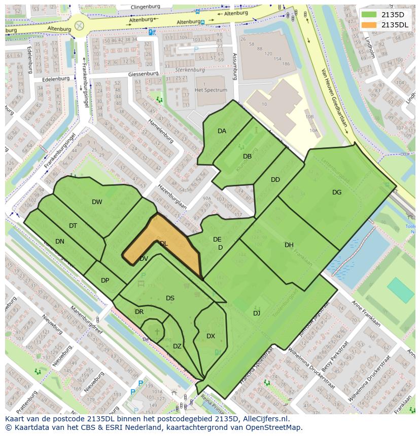 Afbeelding van het postcodegebied 2135 DL op de kaart.