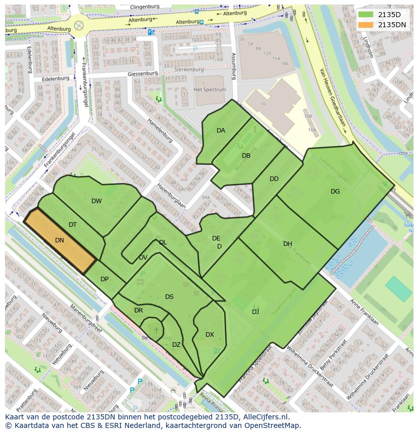 Afbeelding van het postcodegebied 2135 DN op de kaart.