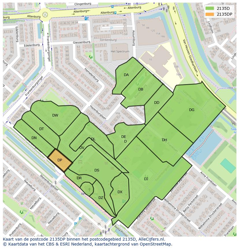 Afbeelding van het postcodegebied 2135 DP op de kaart.