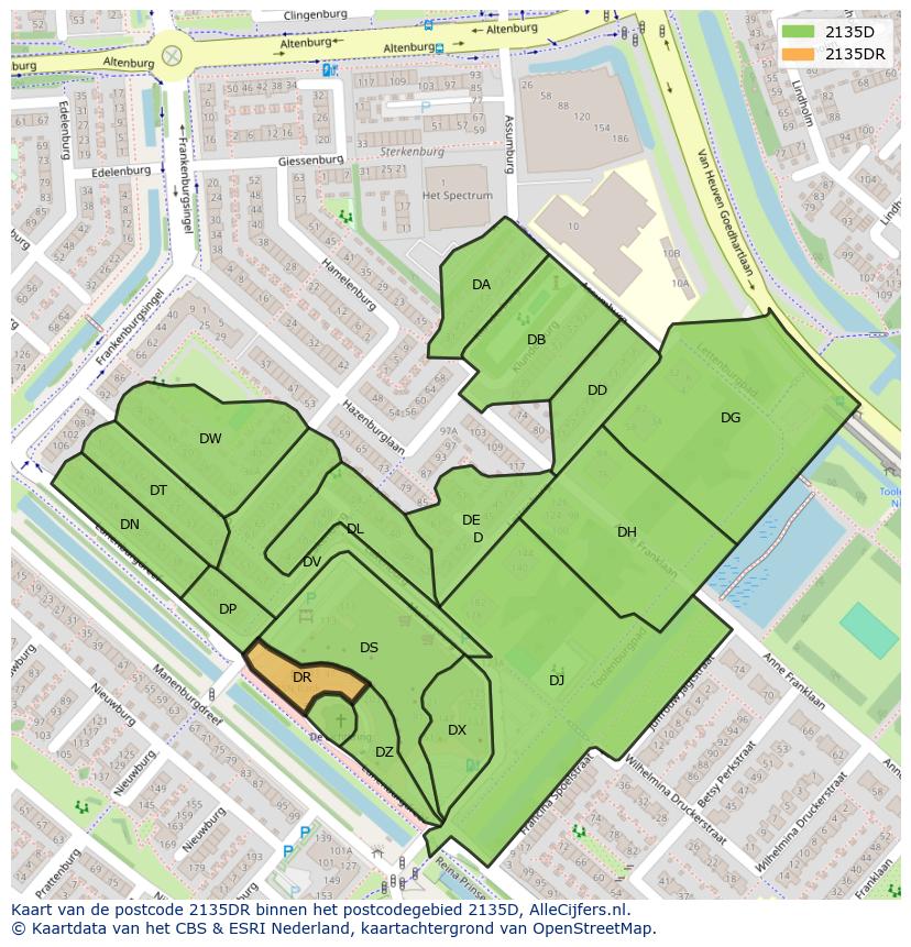 Afbeelding van het postcodegebied 2135 DR op de kaart.