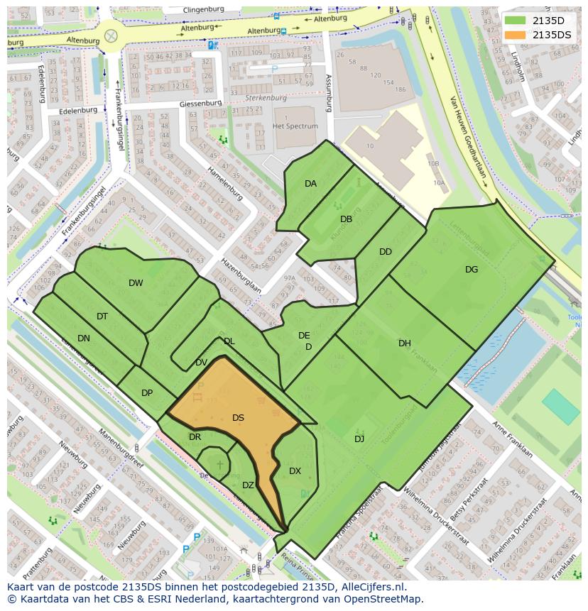 Afbeelding van het postcodegebied 2135 DS op de kaart.