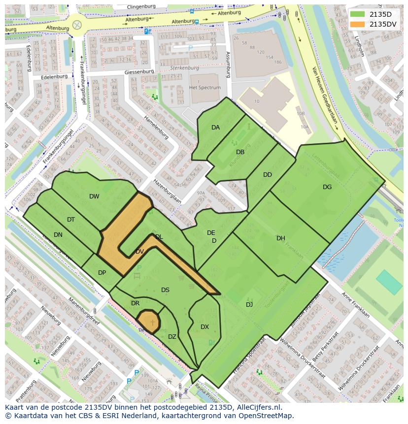 Afbeelding van het postcodegebied 2135 DV op de kaart.