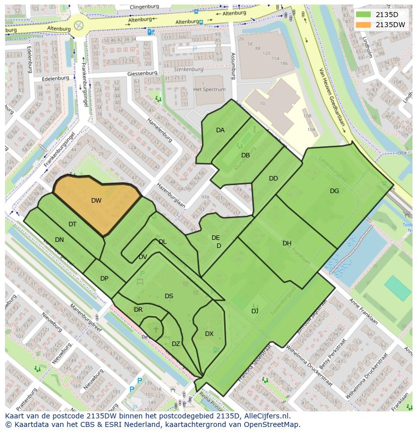 Afbeelding van het postcodegebied 2135 DW op de kaart.