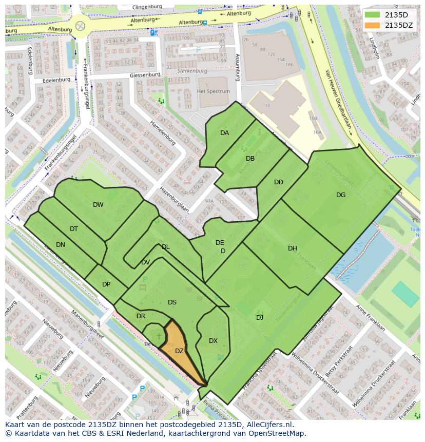 Afbeelding van het postcodegebied 2135 DZ op de kaart.
