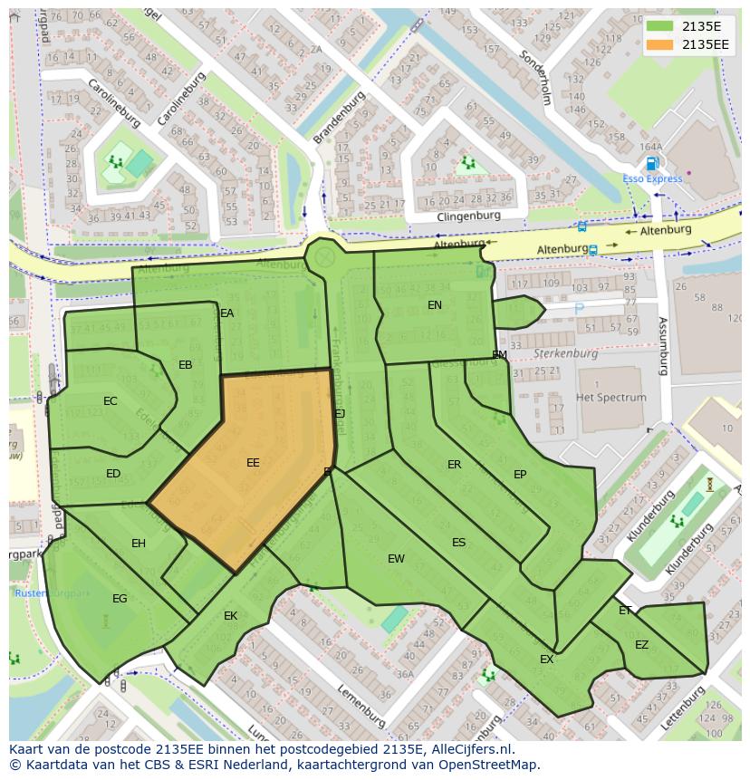 Afbeelding van het postcodegebied 2135 EE op de kaart.