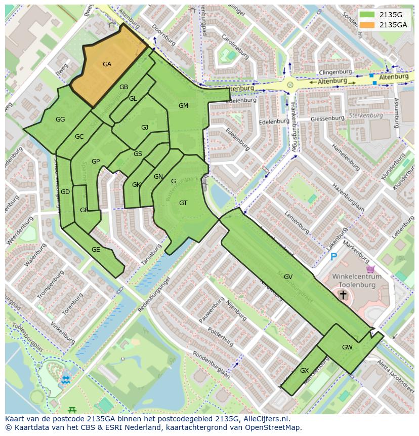 Afbeelding van het postcodegebied 2135 GA op de kaart.