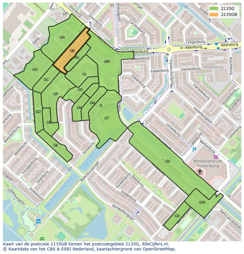 Afbeelding van het postcodegebied 2135 GB op de kaart.