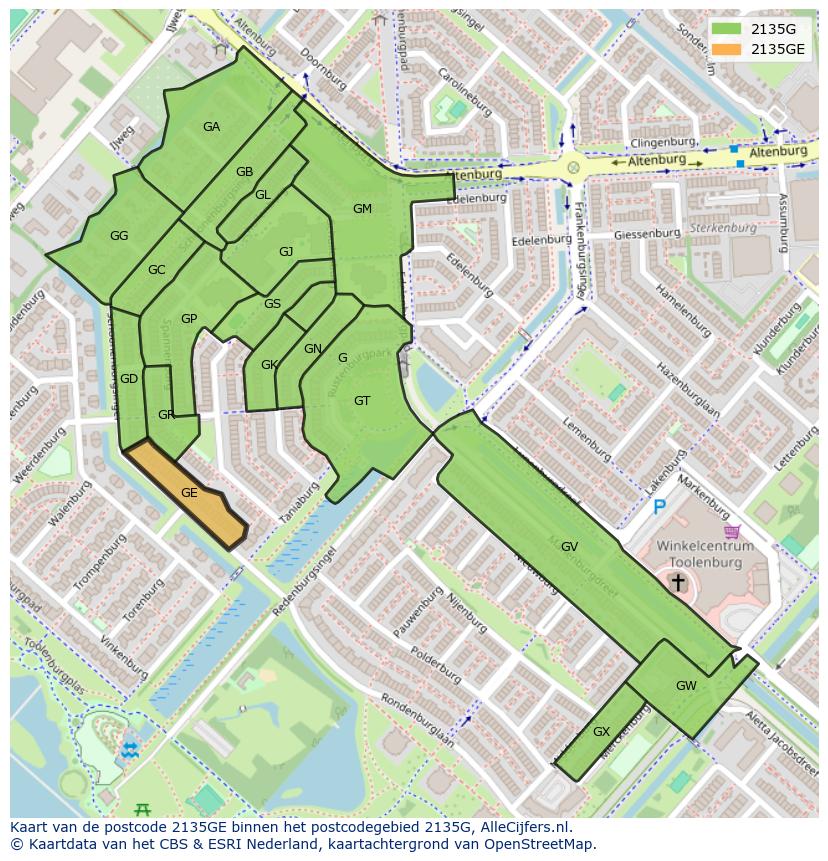 Afbeelding van het postcodegebied 2135 GE op de kaart.