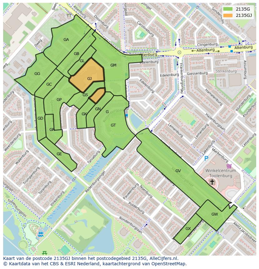 Afbeelding van het postcodegebied 2135 GJ op de kaart.