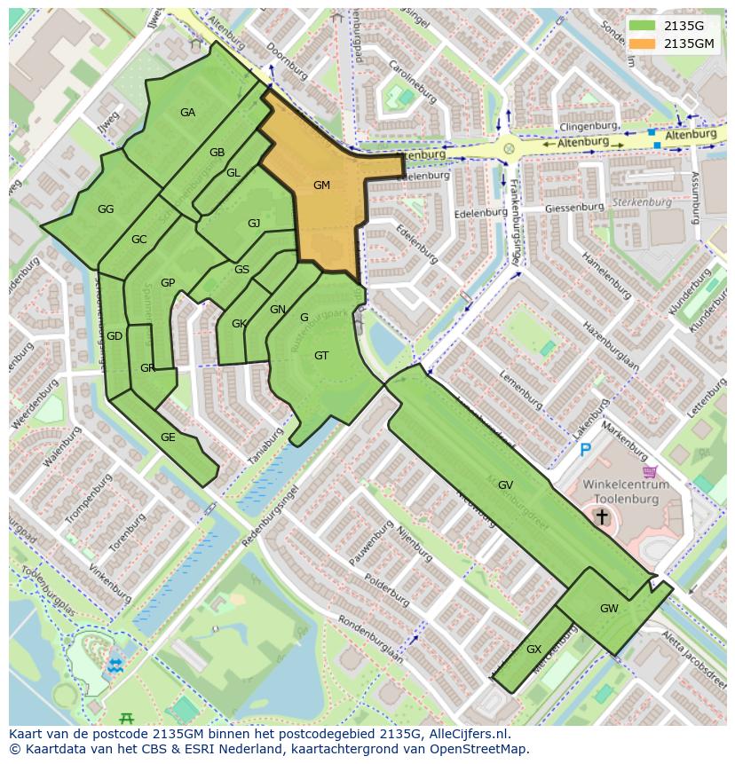 Afbeelding van het postcodegebied 2135 GM op de kaart.