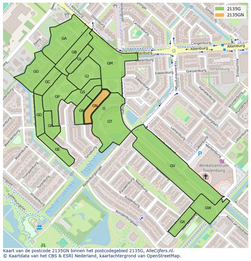 Afbeelding van het postcodegebied 2135 GN op de kaart.