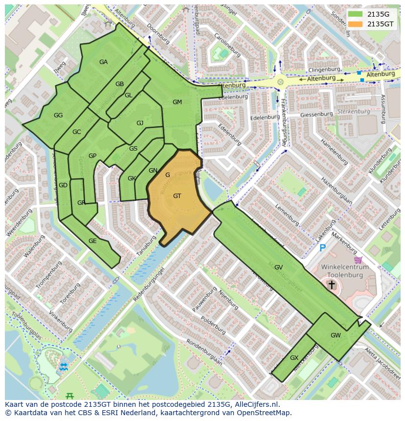 Afbeelding van het postcodegebied 2135 GT op de kaart.