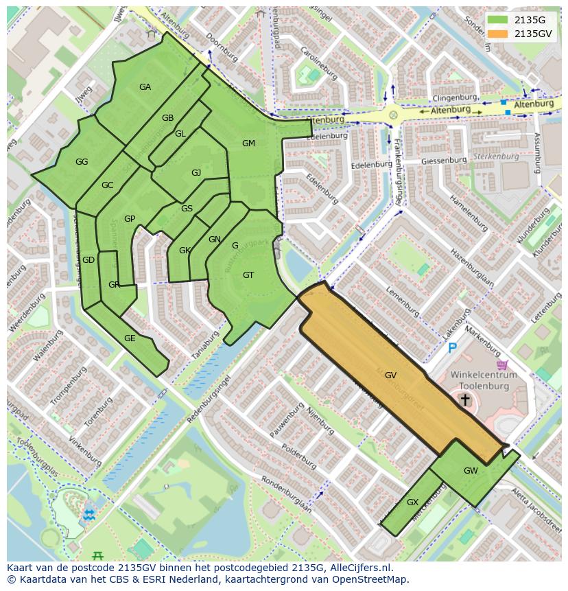 Afbeelding van het postcodegebied 2135 GV op de kaart.