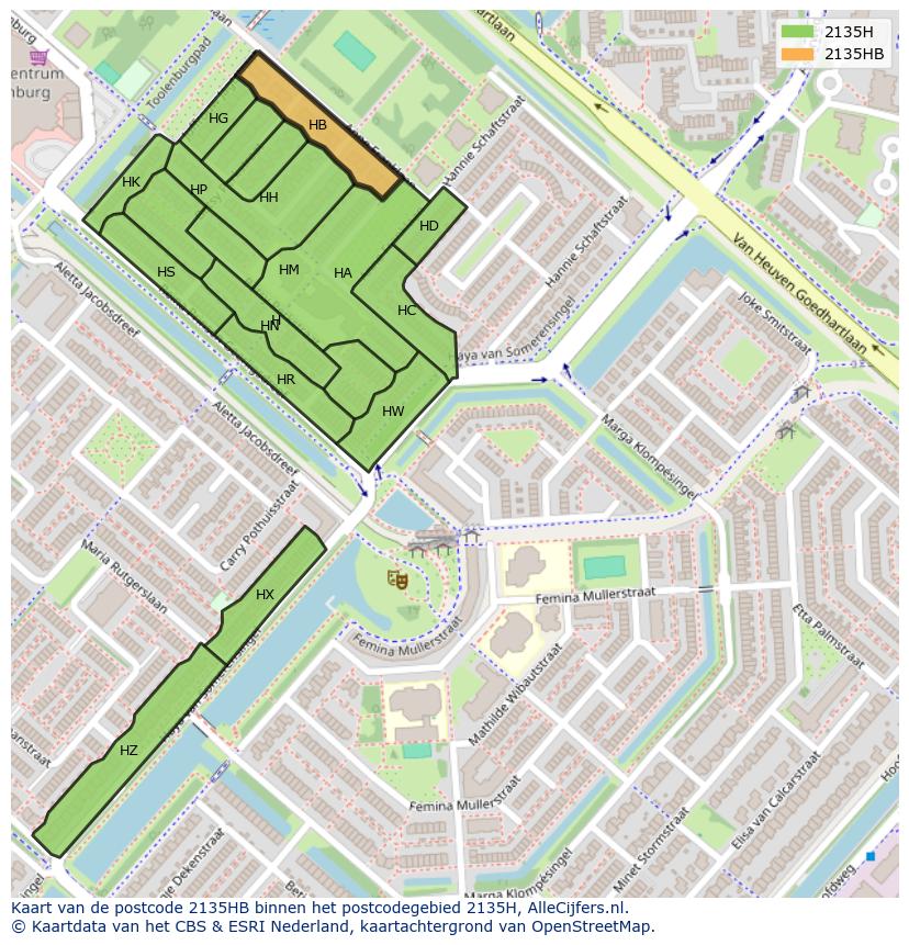 Afbeelding van het postcodegebied 2135 HB op de kaart.