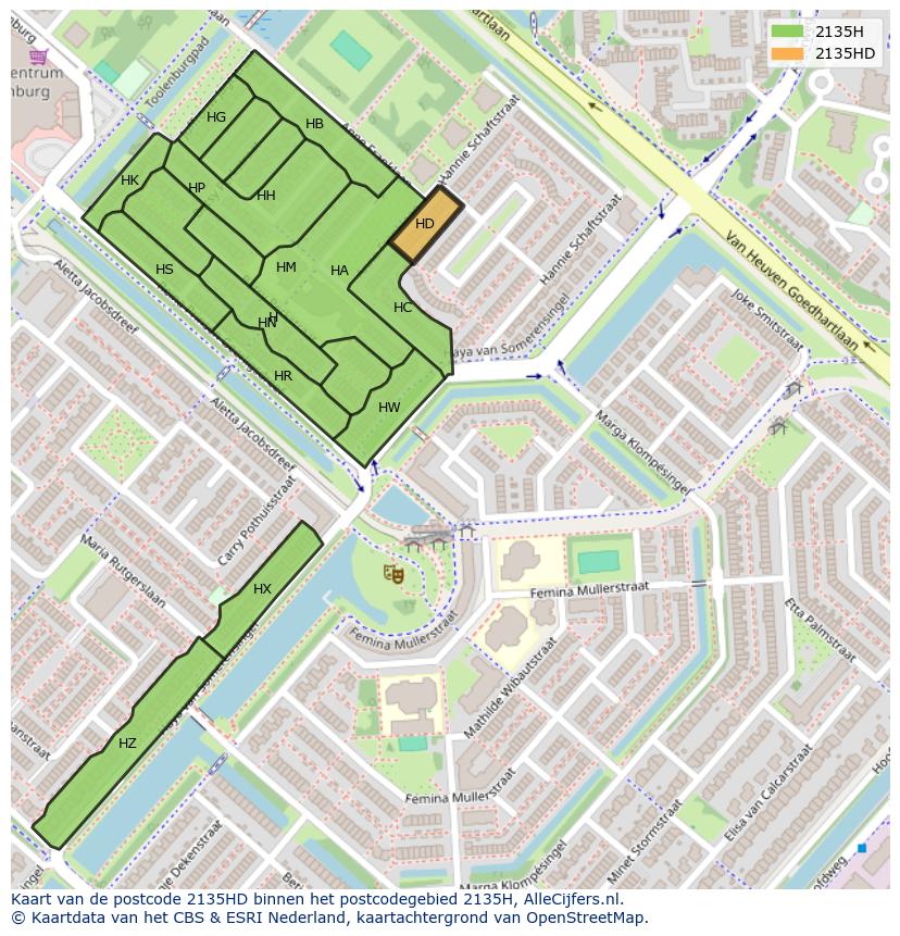 Afbeelding van het postcodegebied 2135 HD op de kaart.