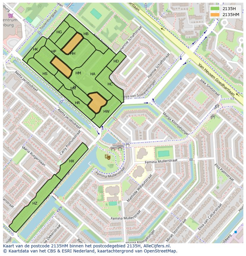 Afbeelding van het postcodegebied 2135 HM op de kaart.