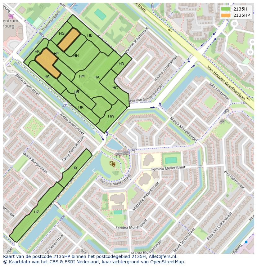 Afbeelding van het postcodegebied 2135 HP op de kaart.