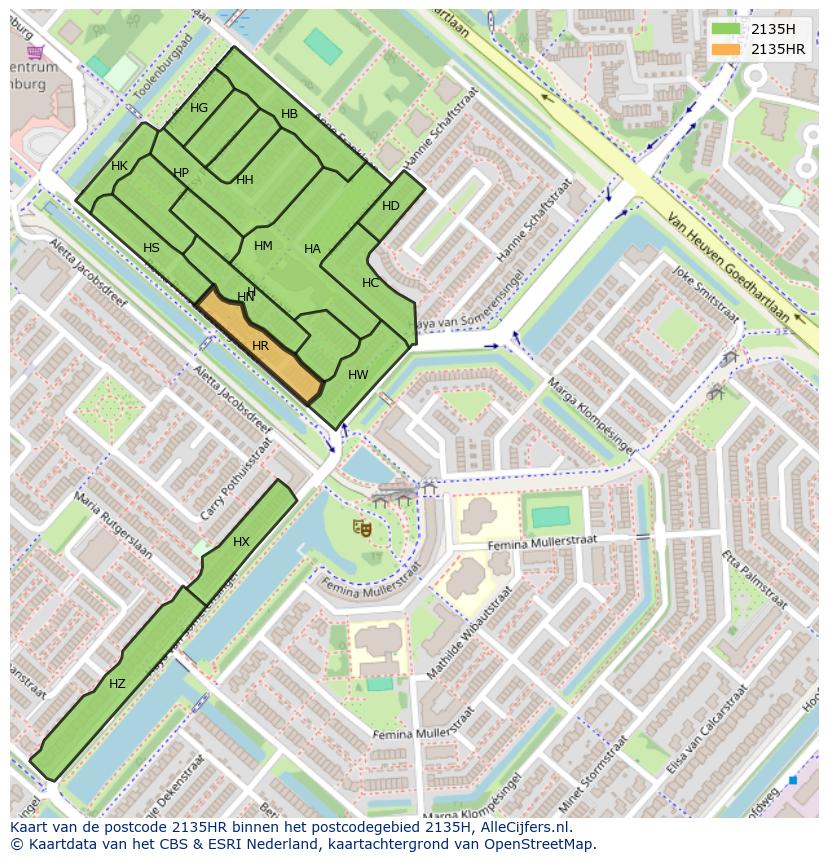 Afbeelding van het postcodegebied 2135 HR op de kaart.