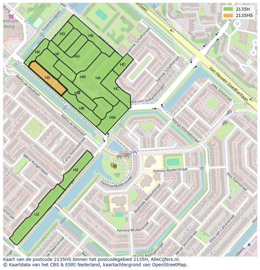 Afbeelding van het postcodegebied 2135 HS op de kaart.