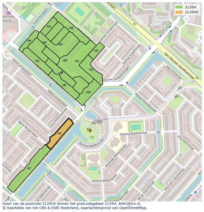 Afbeelding van het postcodegebied 2135 HX op de kaart.