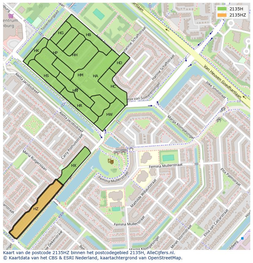 Afbeelding van het postcodegebied 2135 HZ op de kaart.